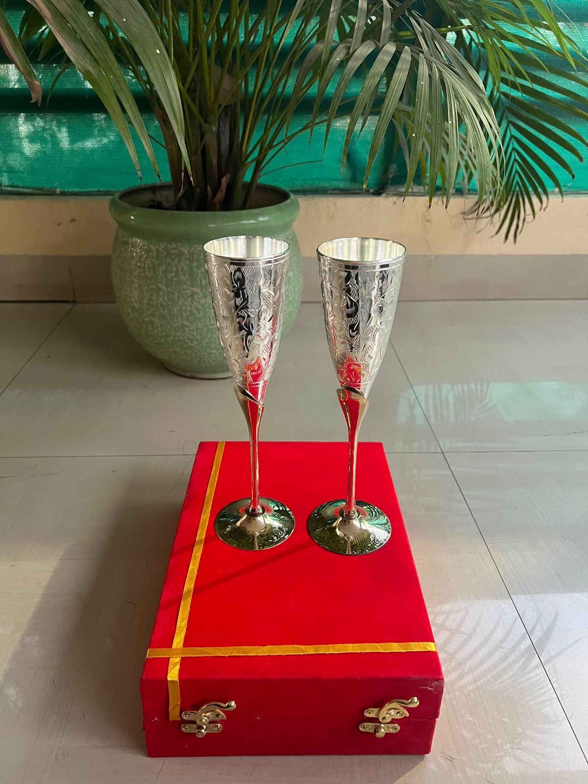 german silver glass set of 2 with gift box for diwali gift